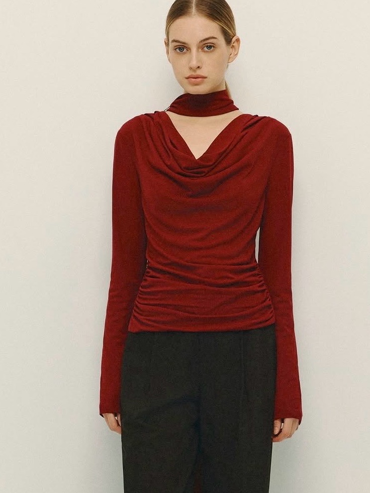 Elodie Draped Cowl-Neck Long Sleeve Top In Deep Red
